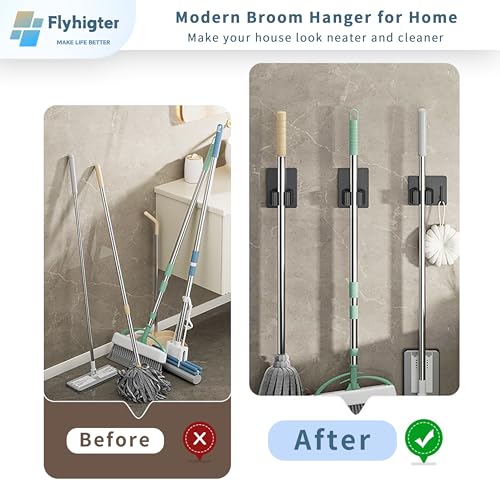 8 Pack Stainless Steel Mop Clips – Heavy Duty Wall Mounted Broom Holders, Rustproof & Tool-Free Install with Back Adhesive or Glue for Home and Garage - color: BLACK-8PCS
