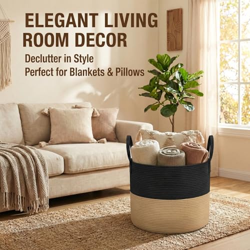 JMvicyroam 115L Extra Large Blanket Basket for Living Room - Woven Cotton Rope Laundry Hamper with Reinforced Handles - Storage Bin for Pillows, Comforters & Toys - Machine Washable,Black&Jute - color: Black&Jute, size: 115L