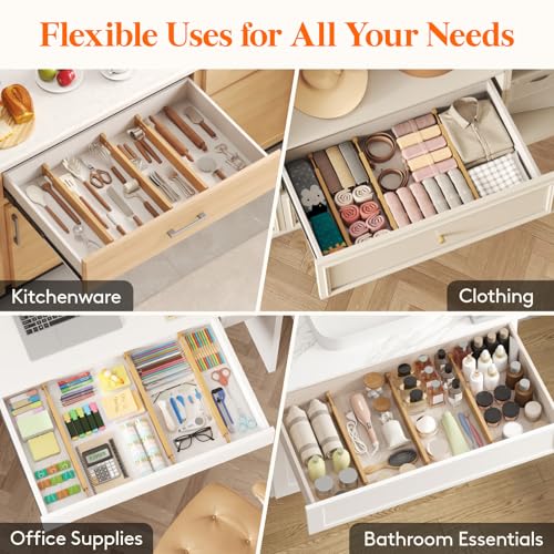Lifewit 2.4" High 8 Pack Bamboo Drawer Dividers 45-55cm/17.5-22" Adjustable Wooden Drawer Organizer for Clothes/Utensils, Expandable Drawer Separator for Dresser/Kitchen/Bedroom/Office Organization - size: 2.4"H, 17.5-22"L