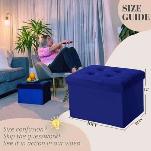 LINMAGCO Small Velvet Ottoman with Storage Rectangle Foot Rest Under Desk Stool for Room Folding Ottoman Furniture with Button turfted-Navy 16X12X12IN - color: Navy(velvet), size: 16"X12"X12"