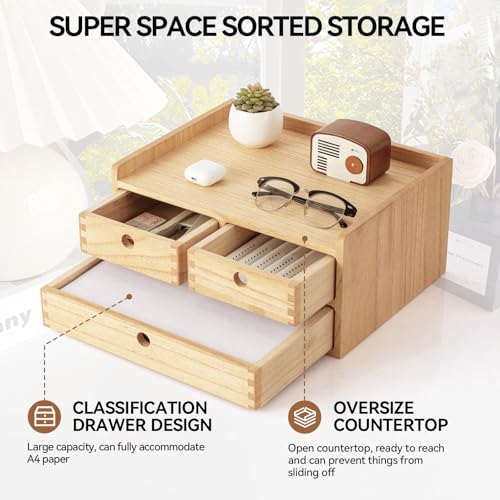 KIRIGEN Wood Organizer Shelf with 3 Drawers for Home Kicthen Decor Office Supplies Desktop Cabinet for Drawer Organizer - Desk Accessories Storage Box -Countertop Shelf Natural（DT2D3C-NA） - color: Natural, size: 2 layer-3 drawers
