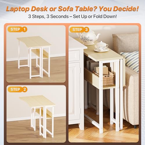 Huuger Folding Desk with Storage Shelf, 31.5 Inch Foldable Computer Table for Small Spaces, Space Saving Sofa Table for Couch, Writing Work Office Computer Desk, Easy to Fold, Oak - color: Oak, size: 18.5"D x 31.5"W