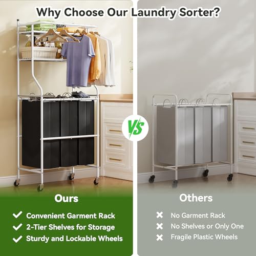 Laundry Sorter with Hanging Clothes Rack, Rolling Laundry Cart with Wheels & Shelf, 42 Gal (160L) 3 Section Basket Organizer, White