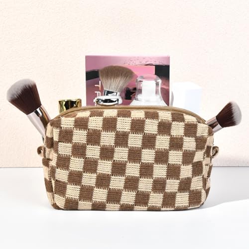 SOIDRAM 2 Pack Checkered Makeup Bag for Women, Cute Makeup Pouch Small Makeup Bag Travel Cosmetic Organizer for Toiletries, Brushes & Skincare - color: Brown, size: 2 Pack