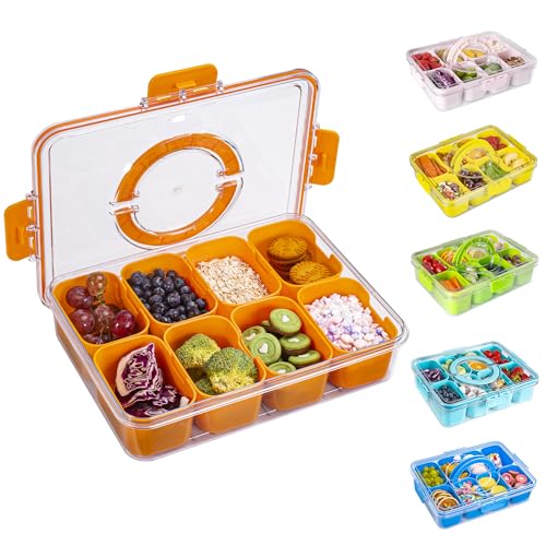 WACOI Divided Snack Serving Tray with Lid and Handle Travel Snackle Charcuterie Container Portable Storage Organizer for Candy, Fruits, Nuts, Snacks, Party, Picnic (1pack, Orange) - color: Orange