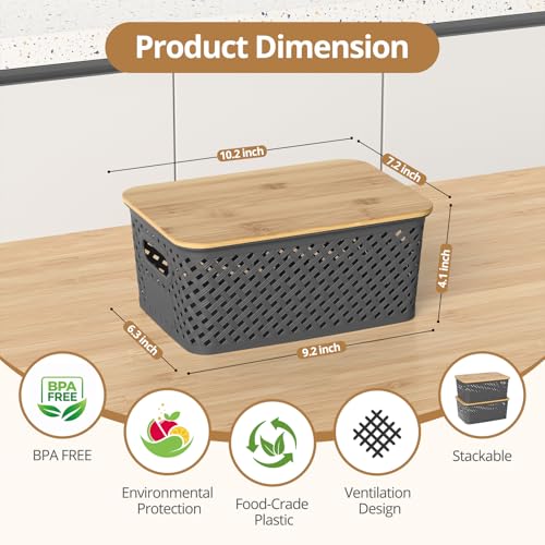 Plastic Storage Bins with Bamboo Lids, Stackable Small Box Baskets for Organizing and Containers for Shelves Drawers Desktop Closet Pantry Classroom Office Home, 6 Pack 10.2x7.2x4.1 Inch, Gray - color: Gray