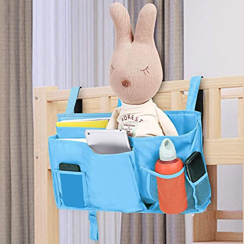 Createy Bedside Caddy Hanging Organizer Storage Bag Pocket for Bunk and Hospital Beds, College Dorm Rooms, Baby Bed Rails, Camp - 4 Pockets and 2 Hooks - color: Light Blue
