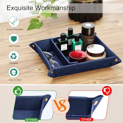 SITHON Valet Tray Desktop Storage Organizer, Removable 2 Compartments Catchall Tray Bedside Vanity Nightstand Caddy Holder Desk Storage Plate, Dark Blue - color: Dark Blue