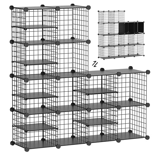 Wire Cube Storage Organizer, 12 Cubes Converted into 14 Cubes, Sturdy Metal Grids Storage Shelf Closet Shelving Units and Storage, Shelves for Bedroom LIvingroom Office - color: Black, size: 12 cubes