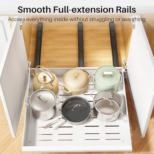 Pull out Cabinet Organizer, 2-Pack Expandable(13.6"-24") Silde out Drawers with Raising Pad for Framed Cabinets, Adjustable Full-Extension Adhesive Roll out Shelves for Kitchen Pantry Home Pot and Pan - color: White, size: (13.6''-24'')Wide-21''Deep (2Pac