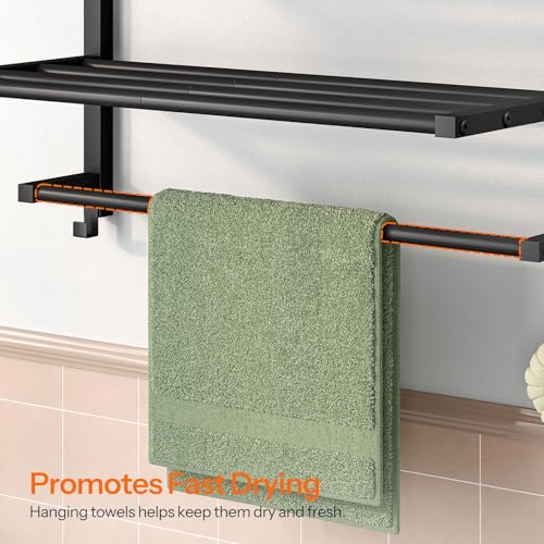 HOOBRO 23.8" Towel Rack for Bathroom, 3 Tier Towel Shelf with Tower Bars, Bathroom Storage Organizer for Towels and Toiletries, Towel Holder Wall Mounted with 2 Hooks, Black BK08LB01