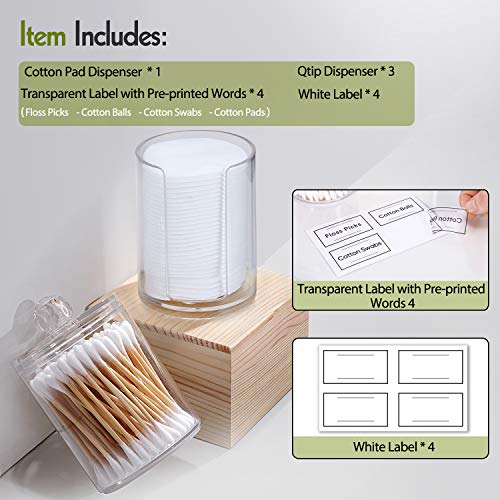 AOZITA 4 Pcs, Acrylic Qtip Holder Dispenser for Cotton Swab, Ball, Round Pads, Floss Picks - Clear Plastic Apothecary Jar Set for Bathroom Canister Storage Organization, Vanity Makeup Organizer - color: Clear, size: 4
