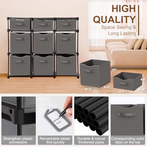 9 Cube Storage Organizer Shelf with Storage Bins and Label, 11 Inch Toy Cube Bins Clothes Closet Organizers Drawers Fabric Dresser for Living Room, Bedroom, Playroom, Dorm(Gray) - color: Gray