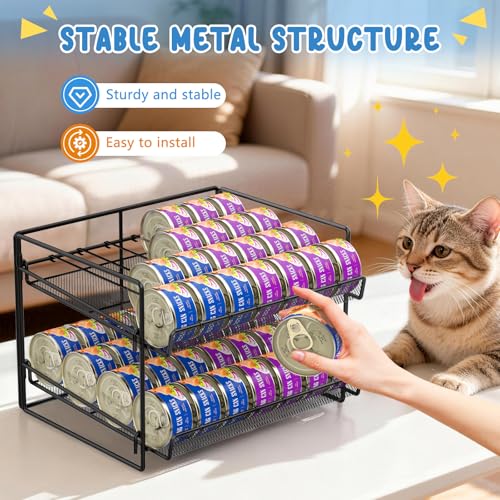 Cat Food Can Organizer, Can Organizer for Pantry, 2-Tier Metal Cat Food Storage Container Holds 56 (3.5oz) Cans，Adjustable Canned Food Organizer and Storage for Counter Kitchen Cabinet (Black, 2 Tier) - size: 2 Tier