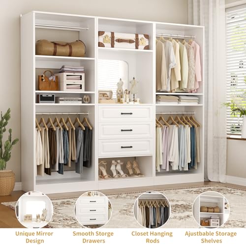 Unikito 75" Modular Closet Organizer System with Mirror & Drawers, 3-in-1 Freestanding Wardrobe Tower with Adjustable Shelves & Hanging Rods, Heavy-Duty Bedroom Storage for Walk-in Closets, White - color: White, size: 75 Inch