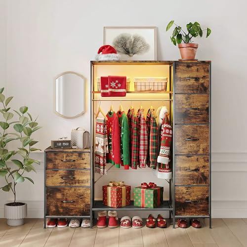Garment Rack with Drawers, Freestanding Closet Organizer with Shelves, 55W*57.08H Heavy Duty Clothes Rack with Hanging Rod, Clothing Wardrobe Closet for Bedroom, Living Room, Entryway, Laundry Room - color: Coffee