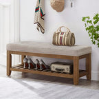 24KF Large Rectangular Upholstered Tufted Linen Fabric Ottoman Bench, Padded Bench with Solid Wood Shelf-Linen - color: Linen-bench, size: 16"D x 44"W x 18"H