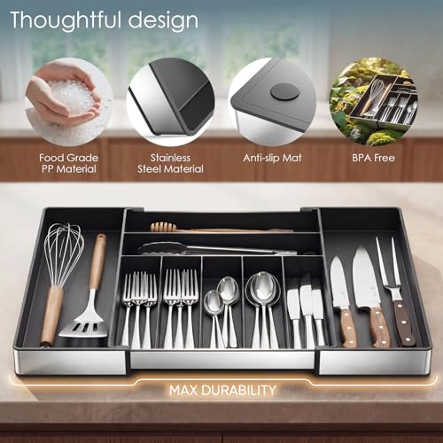 Extra Large Silverware Organizer, 9 Slot Expandable Kitchen Drawer Organizer, Utensil Holder, Heavy Duty Stainless Steel Frame Silverware Drawer Organizer, 8 Non-Slip Feet Included, BPA Free, Black - color: Black