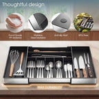 Extra Large Silverware Organizer, 9 Slot Expandable Kitchen Drawer Organizer, Utensil Holder, Heavy Duty Stainless Steel Frame Silverware Drawer Organizer, 8 Non-Slip Feet Included, BPA Free, Black - color: Black