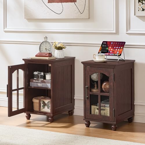 Narrow Side Table Set of 2,Farmhouse Nightstand with Charging Station,End Table with Glass Barn Door Storage, Cabinet Organizer with Adjustable Shelf, Night Stand for Small Spaces Living Room Bedroom - color: Retro Walnut, size: Set 2