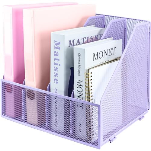 Desk Organizers, Metal Magazine File Holder with 4 Vertical Compartments Rack Binder File Organizer for Office Supplies, Home Workspace - Purple - color: Purple, size: 4 Compartments