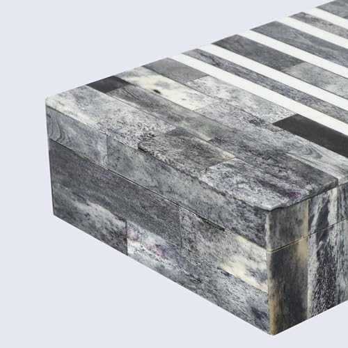 Handicrafts Home Small Decorative Storage Box with Lid, Patisserie Cafe Stripe Pattern Jewelry Keepsake Trinket Box Organizer, Bone Inlay Resin Wooden Coffee Table Dresser Box, Grey & White, 8x5x2 - color: PATISSERIE-CAFE, size: 8x5x2 Inch