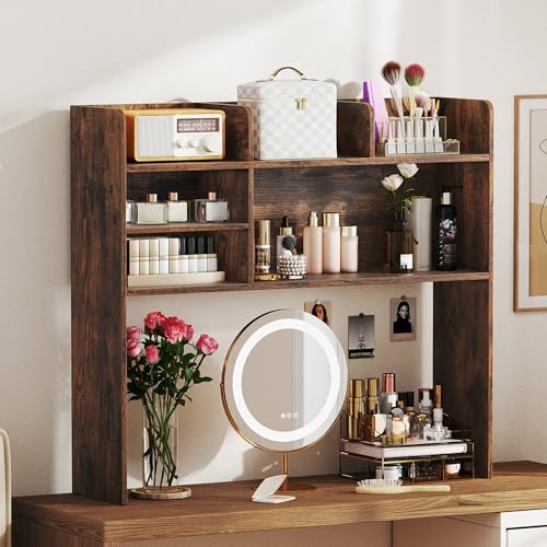 Tangkula Desktop Bookshelf for Computer Up to 32”, 37” Countertop Storage Hutch with 6 Storage Shelves, 3-Tier Desktop Organizer Display Rack, Wooden Desk Hutch for Dorm Home Office (Rustic Brown) - color: Rustic Brown, size: 6 Shelves
