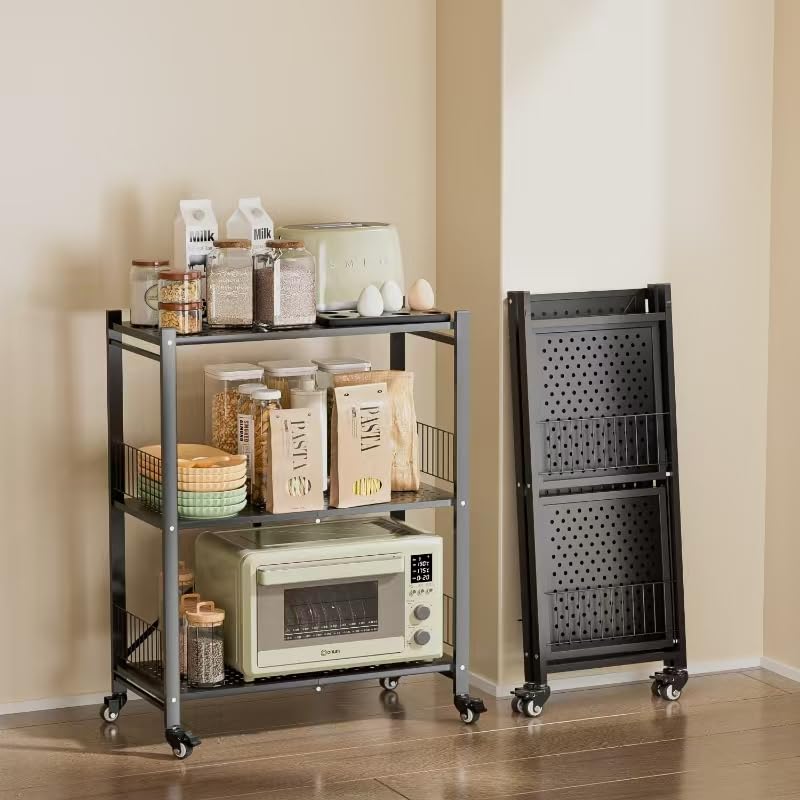 Folding Storage Shelves, 3-Tier Metal Foldable Shelf Shelving Rack Organizer On Rolling Wheels in Kitchen Warehouse Patio Pantry Basement Portable Collapsible Shelves No Assembly (Black, 3-Layer) - color: Black/3-tier