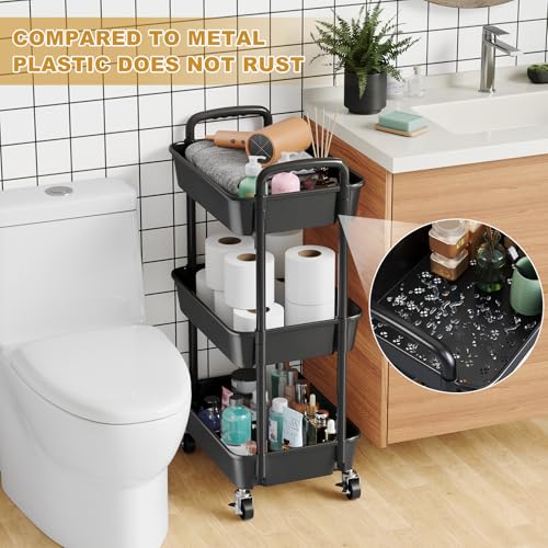 3 Tier Rolling Cart with Wheels, Black Plastic Three Tiered Shelf Organizer Carts on Lockable Wheels, Small Utility Storage Trolley for Diaper Caddy, Snack, Art, Cleaning Supplies, Kitchen, Bathroom - color: Black