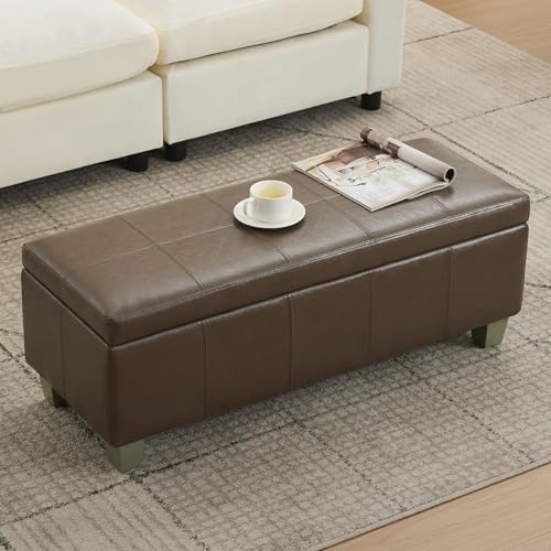 WUTUTUEE 41" Faux Leather Storage Ottoman, Stitch Tufted Rectangle Upholstered End of Bed Storage Bench, Entryway Large Couch Ottoman with Wooden Legs, Coffee - color: Coffee, size: 41 Inch