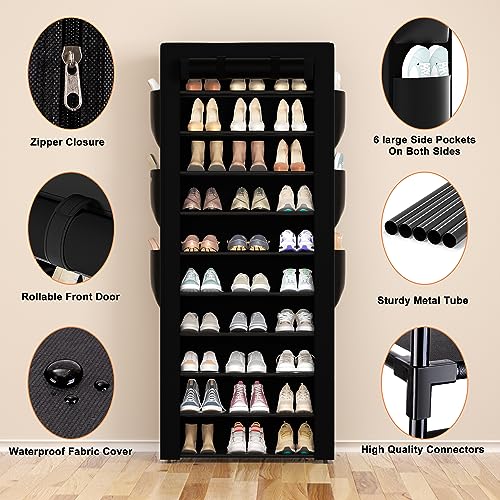 OYREL Large Shoe Rack, Black, 6 Side Pockets, 23.6" Wide x 11.4" Deep x 68.9" Tall, 36-41 Pairs of Shoes - color: Black