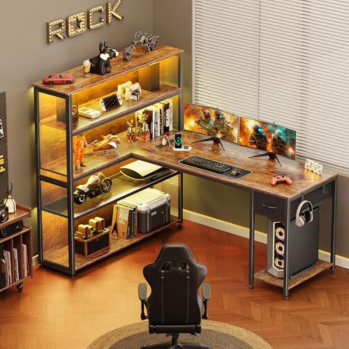 PRAISUN 57 Inch L Shaped Gaming Computer Desk with Larger Open Cabinet, Reverisble Office Desk with Power Outlets, LED Lights, Work Desk, Fabric Drawer, Adjustable Wood and Mesh Shelf, Rustic Brown - color: Rustic Brown