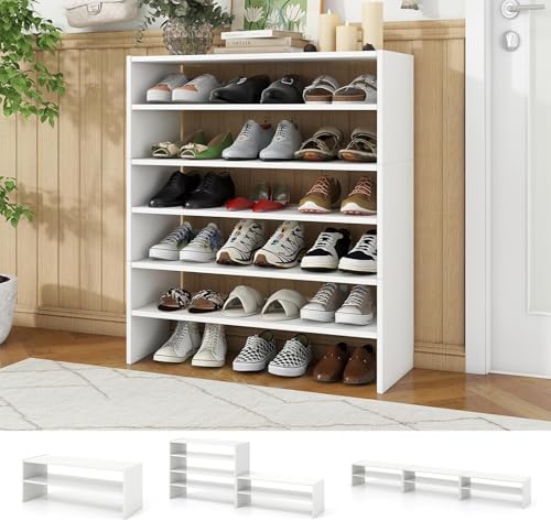 Tangkula 6-Tier Stackble Shoe Rack for Closet, Space Saving Wooden Corner Shoe Storage Shelf for 18 Pairs, 3-in-1 Adjustable White Shoe Organizer for Front Door Entryway - color: White