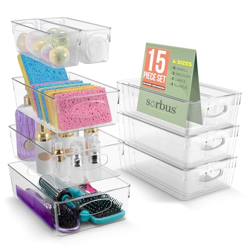 Sorbus Clear Plastic Storage Bins for Organizing, 15 Pack Clear Organizer Bins with Handles, Plastic Storage Bins for Closet, Pantry, Fridge, Medicine Cabinet Organizer, Shelves, Freezer, Drawer - size: Variety Pack, style: 15 Pack