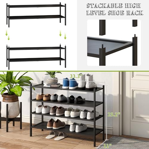 BMOSU 4-Tier Bamboo Extended Shoe Rack Premium Stackable Shoe Shelf Storage Organizer for Hallway Closet Living Room Entryway Organizer(Black) - color: Black, size: 4-Tier Long（33.3*11*25.2inches）