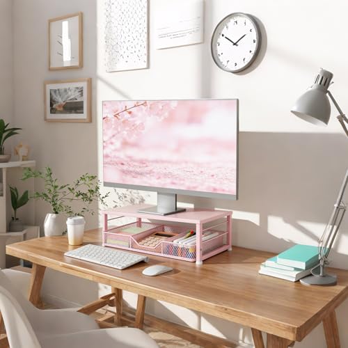 Small Pink Laptop Stand for Desk, Monitor Stand, Office Desk Accessories, Computer Desktop Stand with Drawer for Home, Office, School (Pink) - color: Pink