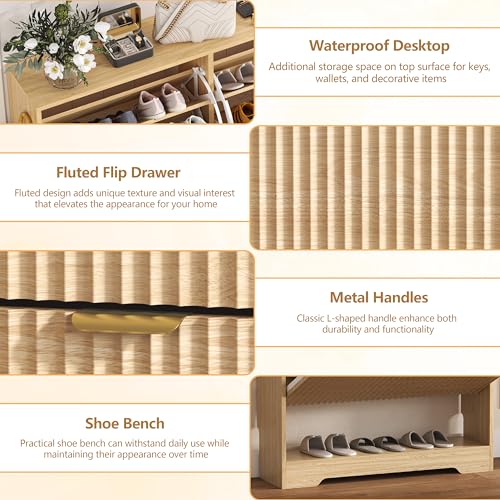 HUANLEGO Shoe Cabinet Storage for Entryway with 2 Flip Drawers, Fluted Shoe Cabinet with Open Storage, Wooden Hidden Shoe Rack Freestanding Narrow Slim Shoe Organizer for Hallway, Entrance - color: Oak, size: 2 Drawer