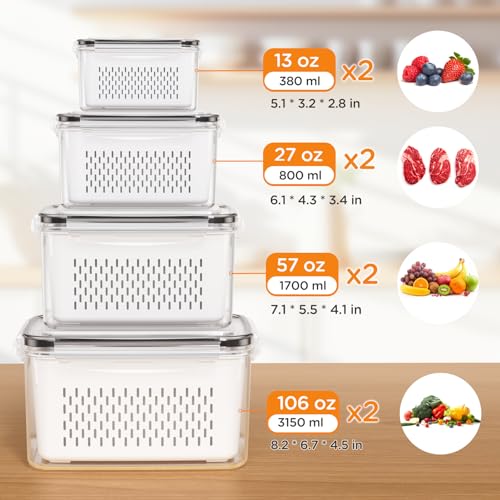 8-Pack Fruit Storage Containers for Fridge, Leakproof Fruit Containers for Fridge with Colanders, BPA-Free Produce Storage Containers with Lids Keep Fruits, Vegetables, Berry, Meat Fresh longer - color: 8 PACK