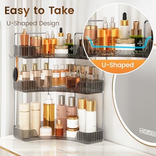 3-Tier Corner Organizer with Hooks, Gray PET Counter Storage | Multi-Purpose for Bathroom Skincare & Kitchen Organization - color: Grey, size: 3 Tier