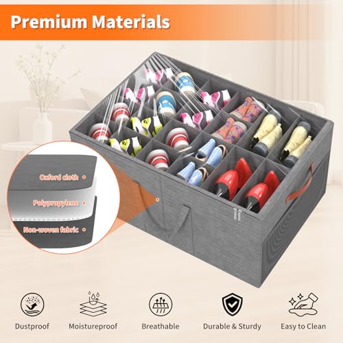 Aokeyee 2 Pack Shoe Organizer for Closet, Large Shoe Storage Box Fits up to 48 Pairs, Space Saving Foldable Shoes Organizer Bin w/Clear Cover and 4 Reinforced Handles, Grey - color: Grey, size: Fits up to 48 Pairs