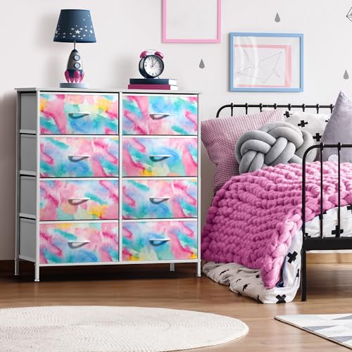Sorbus Kids Dresser with 8 Drawers - Storage Chest Organizer Unit Nightstand - Steel Frame, Wood Top, Tie-Dye Fabric Bins for Clothes - Wide Furniture for Bedroom, Hallway, Nursery, Closet, Apartment - color: Watercolor, style: 8-Drawer