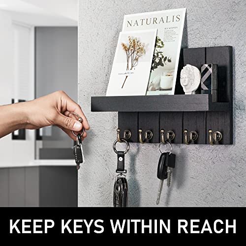 Rebee Vision Farmhouse Key Holder Wall Mount - Modern Key Holder for Living Room and Mail Organizer with Shelf & Hooks for Apartment Essentials - Home Decor Aesthetic (Black, 3.54"D x 10"W x 7.28"H) - color: Black, size: 10 Inch
