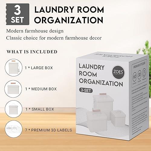 ZOES HOMEWARE 3-Set Laundry Room Organization and Storage | Modern Farmhouse Laundry Room Decor | Laundry Container for Organizing Laundry Pods, Laundry Powder, Dryer Sheets, Dryer Balls, Cream White
