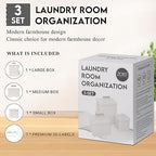 ZOES HOMEWARE 3-Set Laundry Room Organization and Storage | Modern Farmhouse Laundry Room Decor | Laundry Container for Organizing Laundry Pods, Laundry Powder, Dryer Sheets, Dryer Balls, Cream White
