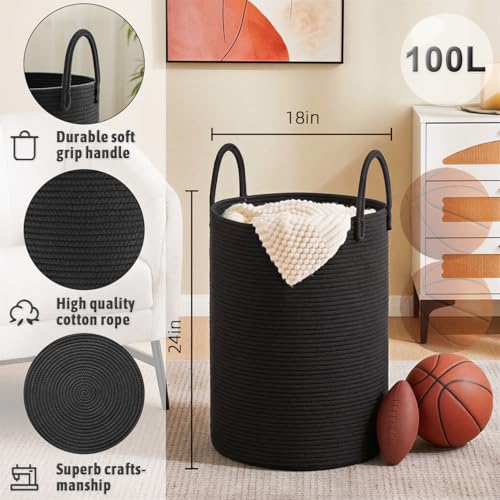 Artfeel Laundry Basket,Woven Cotton Rope Laundry Hamper,100L for Decorative Storage of Dirty Clothes,Toys and Blankets in Bathroom,Baby Room and Living Room - color: Dark black, size: 100L