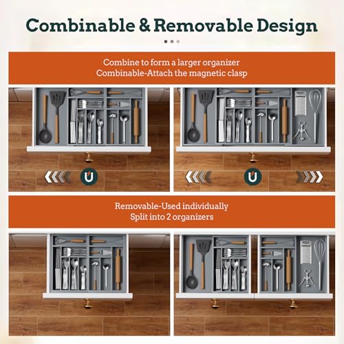 Silverware Organizer Large, Magnetic Connected Expandable 13 Slots Silverware Drawer Organizer from 21 to 37.4 Inches, Adjustable Flatware and Cutlery Holder, Bamboo Utensil Tray for Kitchen Gray - color: Gray, size: 13 Slots