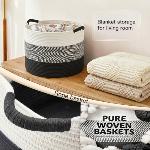 Artfeel 100L Large Cotton Rope Basket, Decorative Woven Blanket Storage for Living Room, Boho Toy Storage & Toy Box for Kids, Versatile Laundry Basket & Nursery Hamper for Blankets(Black) - color: Black, size: 100L