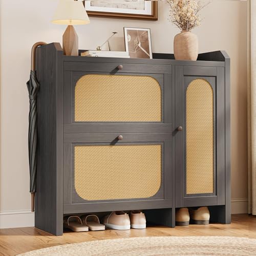 Mericonia Shoe Cabinet Storage for Entryway with 2 Flip Drawers(3-Tier), Rattan Freestanding with Door & 3 Adjustable Shelve,Hidden Shoe Rack Organizer for Hallway, Foyer - color: Black, size: Flip Drawers 2 & Door 1