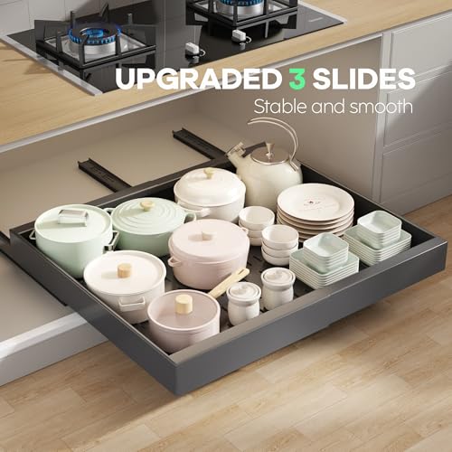 Seinloes 2 Pack Pull out Cabinet Organizer 21" Deep With Raising Pad for Framed Cabinets,Expandable (15.2"-26.3"W) Slide out Drawers for Kitchen Cabinets with 4pcs Divider Racks,Roll out Shelves,Black - color: Black, size: 15.2"-26.3"W x 21"D(2Pack)
