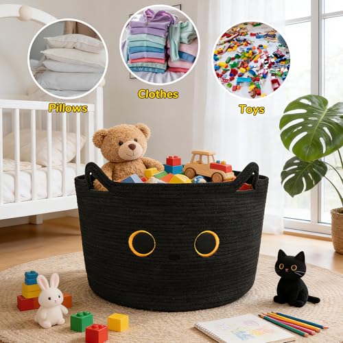 Large Black Cat Basket for Nursery, Cute Cat Woven Laundry Blanket Cotton Rope Extra Storage Basket with Handles, 0rganize Decorative Gifts for Towels Pillow Clothes Hamper Toy Bin,23"D×13"H - color: Black, size: 23 × 13 inches